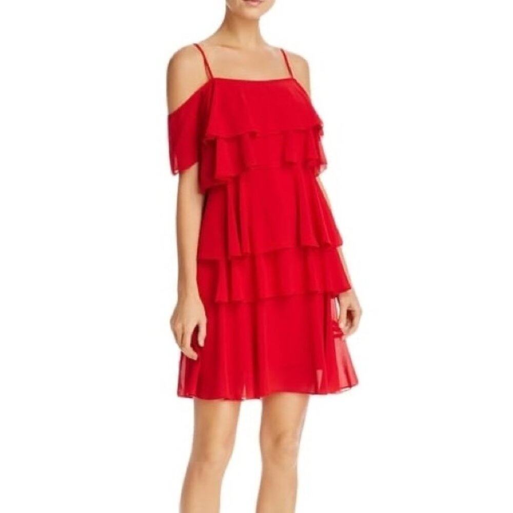 Nanette Lepore Riding Hood Red Tiered Cold Shoulder Dress Size 8